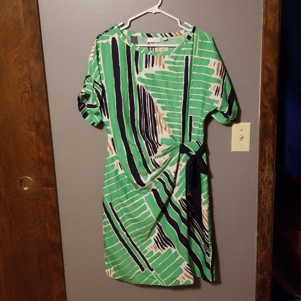 Green, White, Black dress.